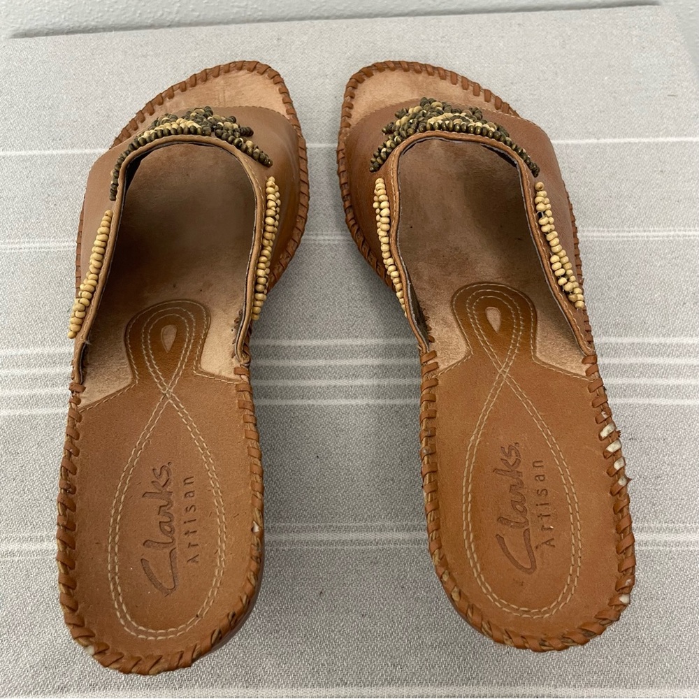 Clarks Artisan Empress Beaded Leather Wedge Sandals | Tan | Size 8 - Picture 8 of 12